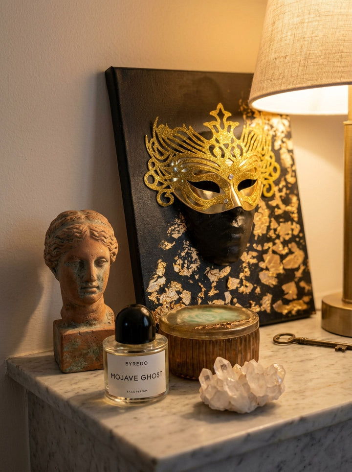 Silenzio d'Oro – candle close-up, golden resin stand, handcrafted in Spain
