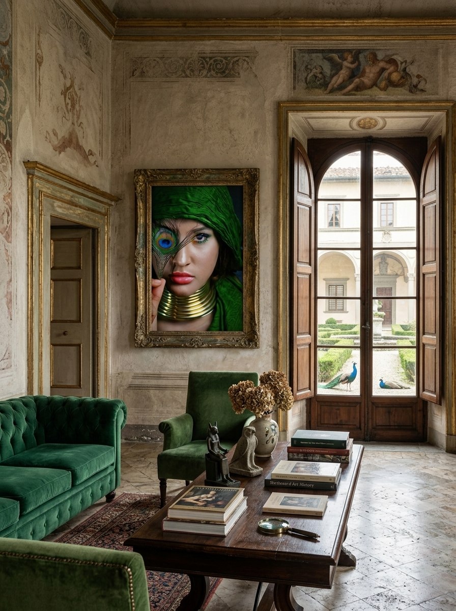 "Nefertiti — Emerald Light" photographic art print in an elegant Italian interior — ConelAlma ESP