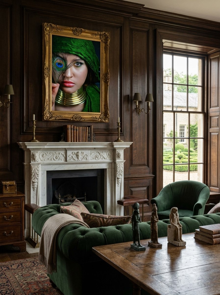 "Nefertiti — Emerald Light" archival print on wall in a refined English interior — ConelAlma ESP