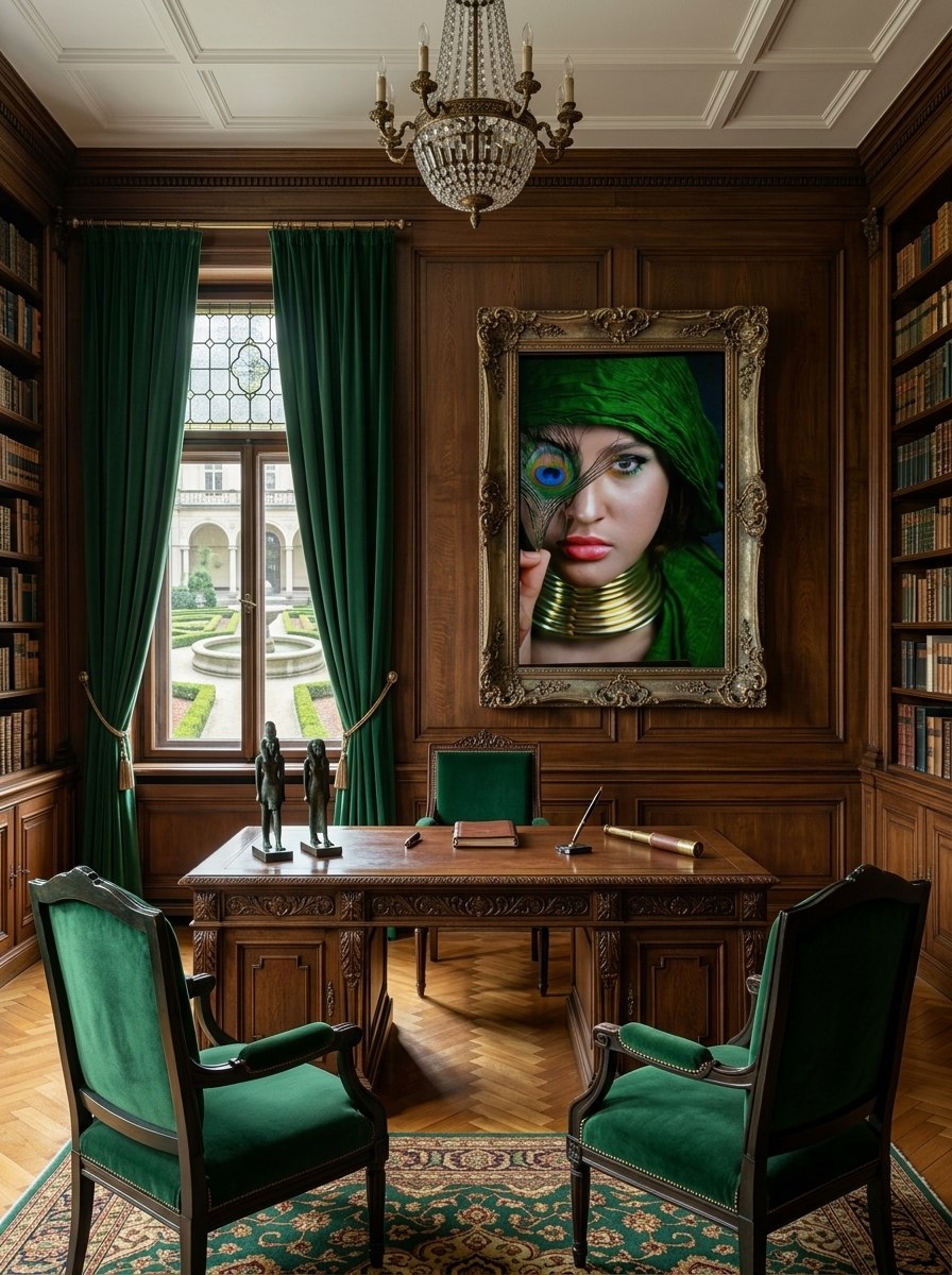 "Nefertiti — Emerald Light" one-of-a-kind archival print in a minimalist German interior — ConelAlma ESP