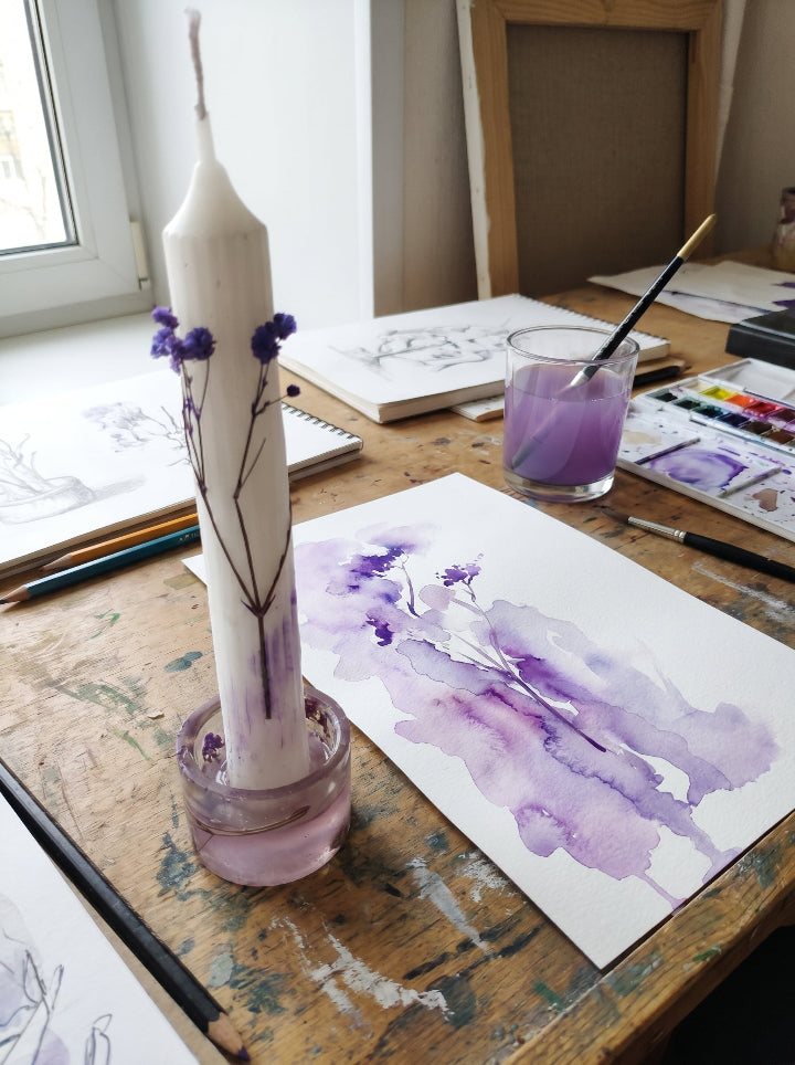 Botanical Trace handcrafted candle, white lavender beeswax pillar with pressed botanicals