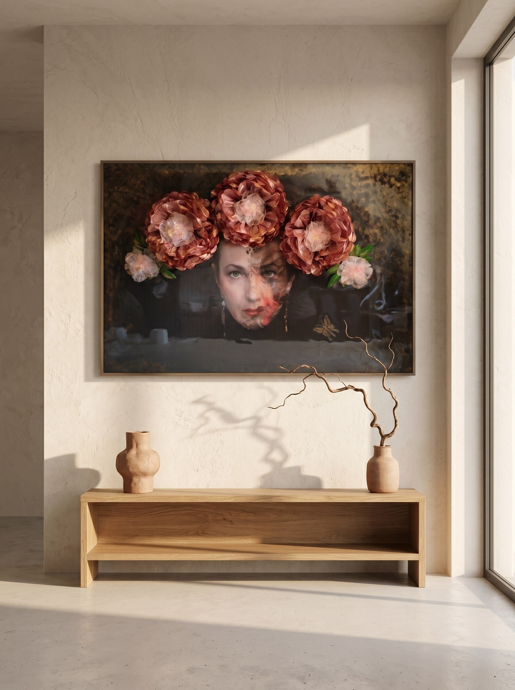 Black Abyss mixed media resin artwork — dark feminine portrait with gold details and handcrafted flowers, ConelAlma ESP