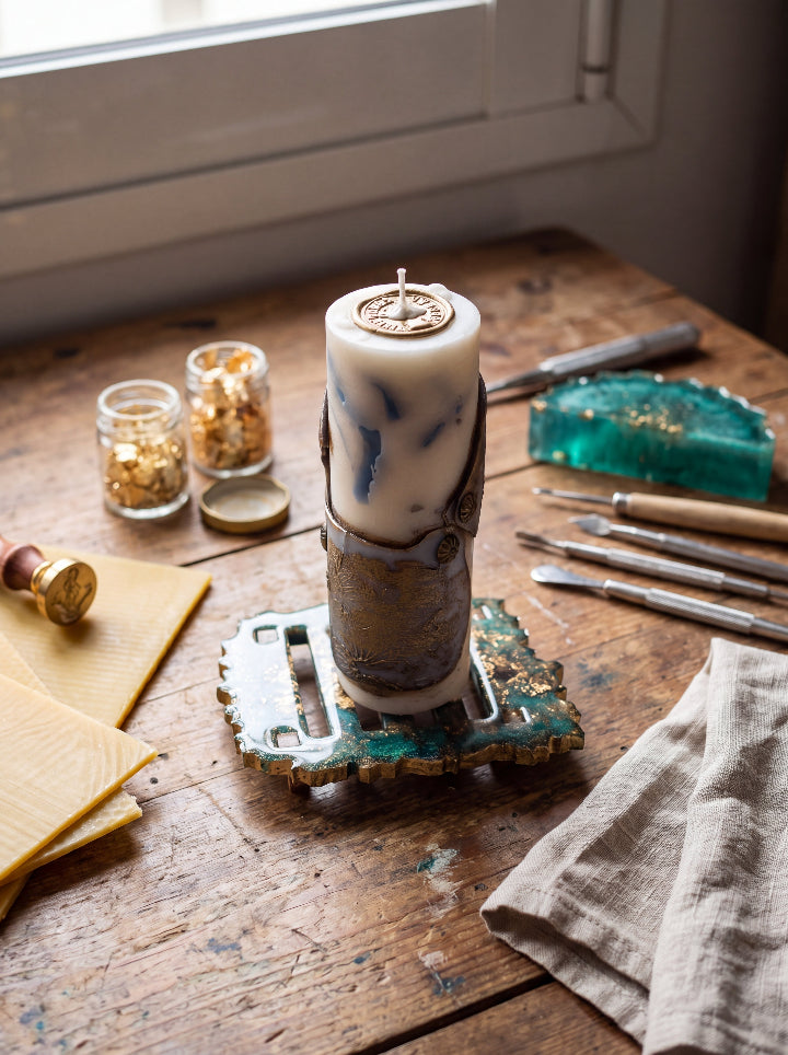 Unlit Break the Seal candle with a wax seal around the wick, on a resin stand at a workbench with sculpting tools and gold flakes.