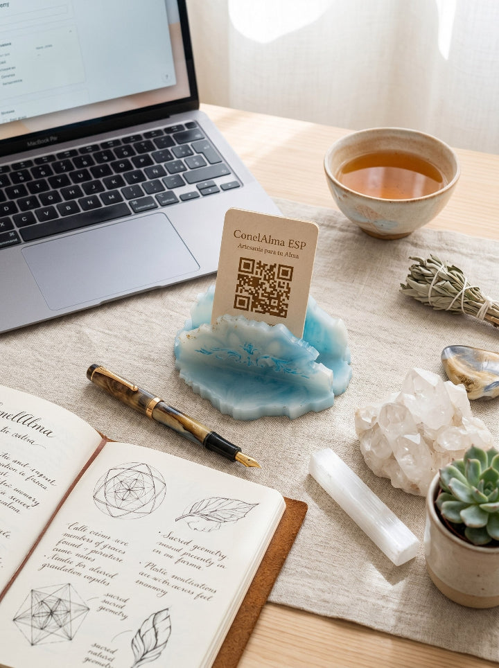 Artisan resin business card holder — 10 cm diameter, premium office gift from Spain