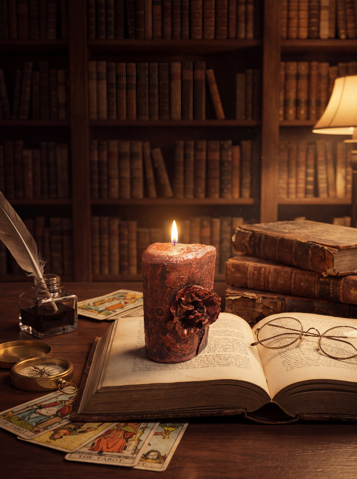 Corrosion candle burning on an open book beside glasses and tarot cards