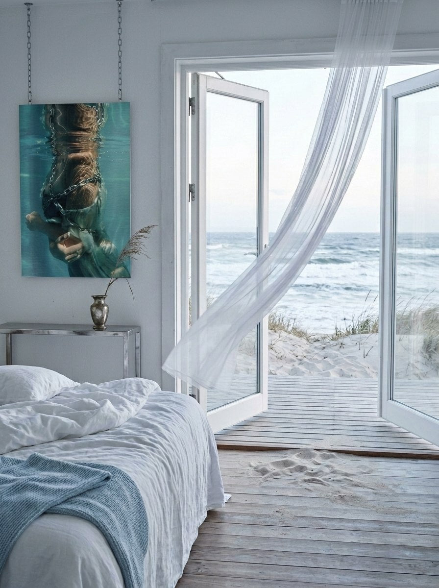 "Culto al Cuerpo" archival pigment print on aluminium suspended by chains in a corner with floor-to-ceiling windows and ocean view — ConelAlma ESP