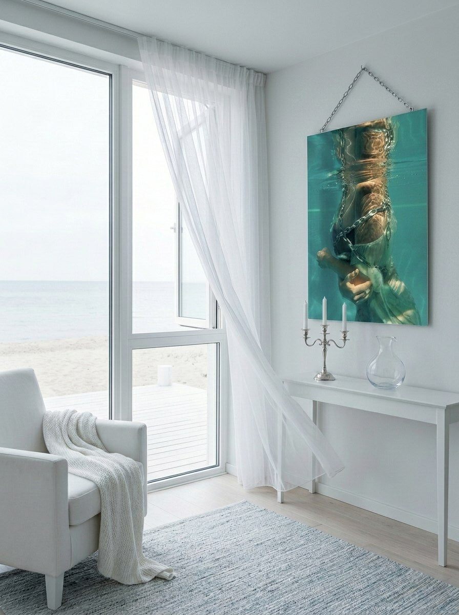 "Culto al Cuerpo" archival pigment print on aluminium hanging in a bright coastal living room with ocean view, white bench and silver candlestick — ConelAlma ESP