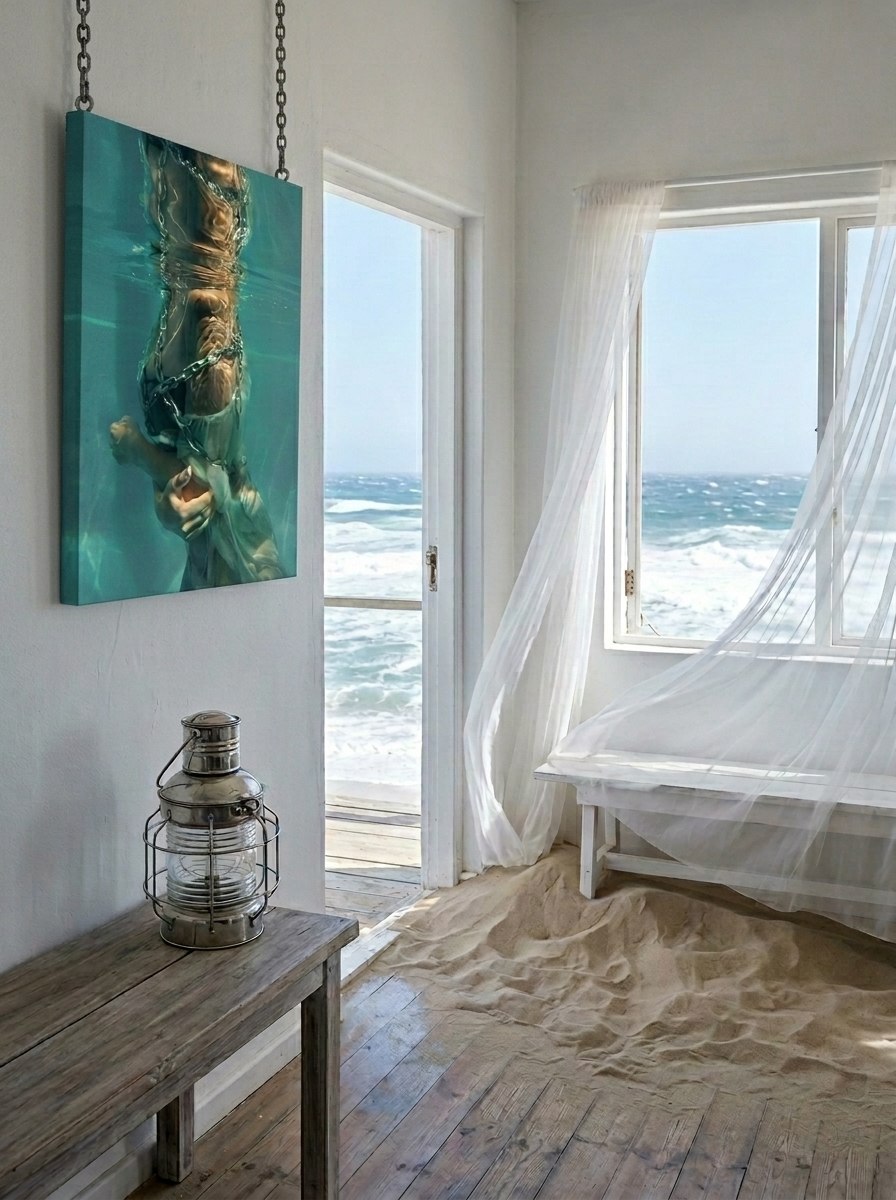 "Culto al Cuerpo" conceptual aluminium artwork hanging in a minimal coastal interior with white armchair, console table and sea view — ConelAlma ESP