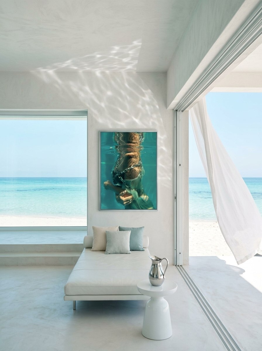"Culto al Cuerpo" aluminium print displayed in a luminous Mediterranean interior with white daybed, silver pitcher and turquoise sea — ConelAlma ESP