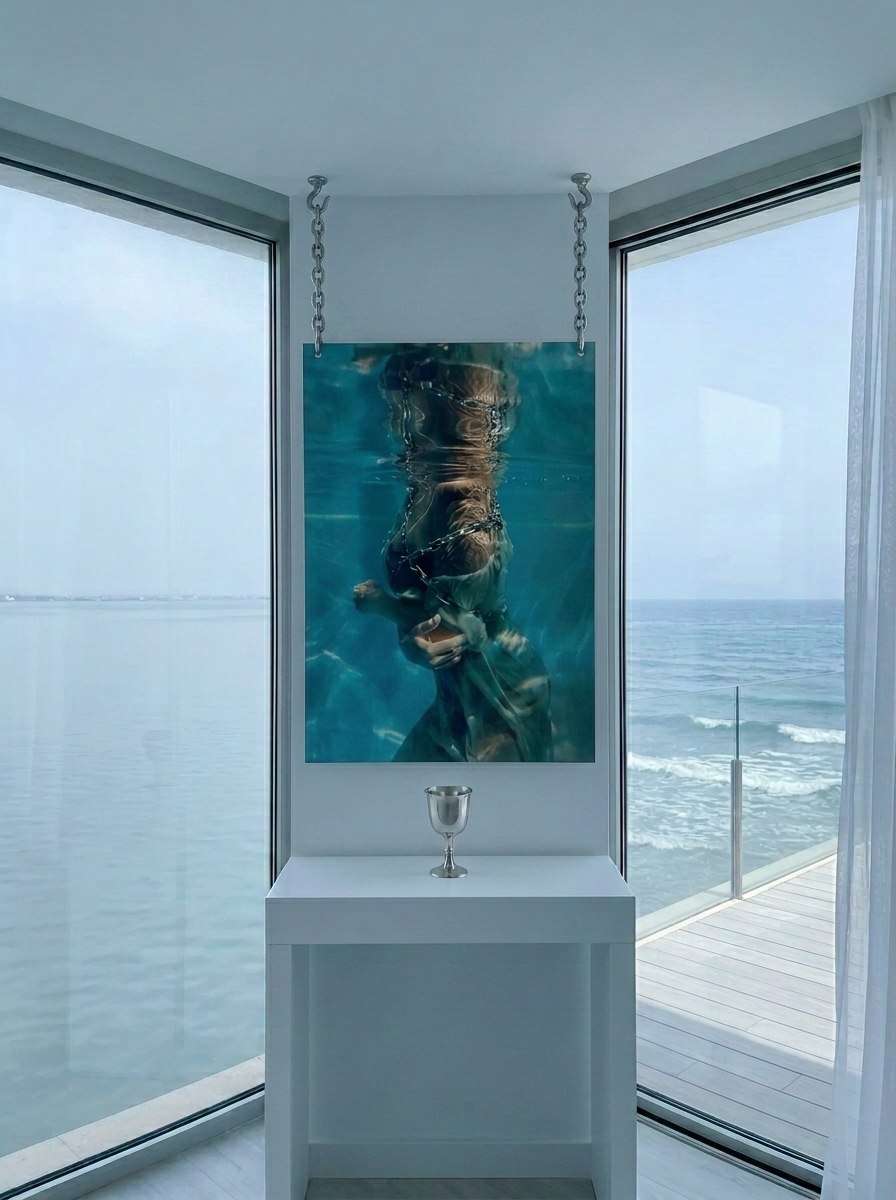 "Culto al Cuerpo" large-format aluminium print in a seaside dining room with silver candelabras and panoramic ocean view — ConelAlma ESP