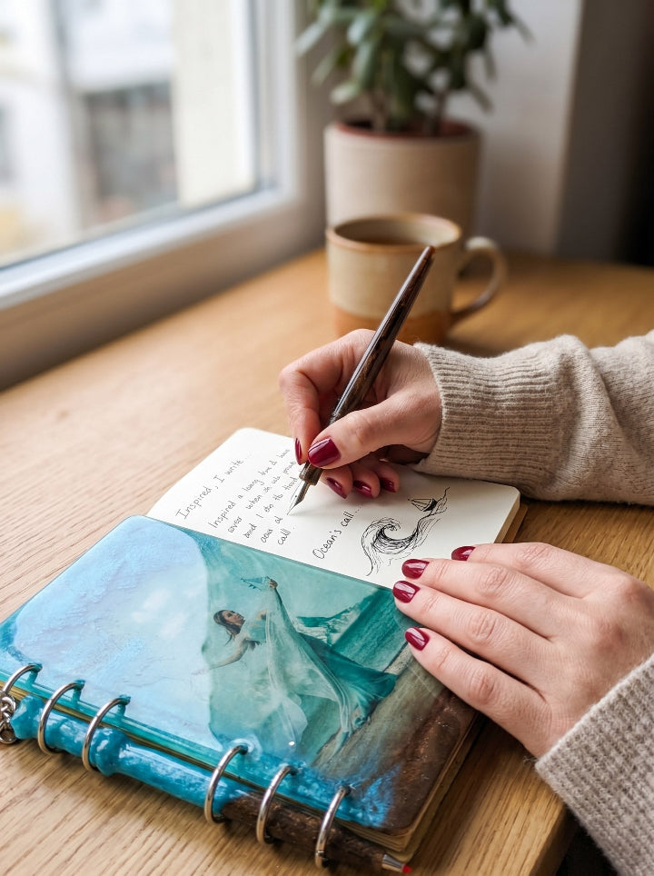 Handcrafted resin notebook with embedded photo — 17.5×10.5 cm keepsake journal, ConelAlma ESP