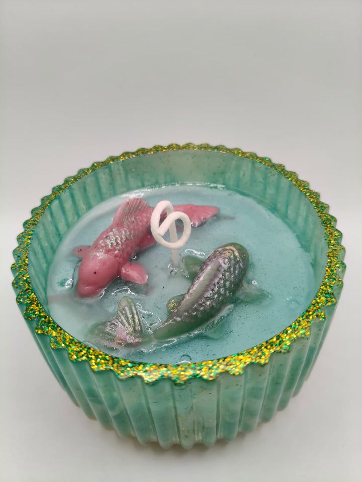 "WickToria" Dream Lake candle top view, fresh water koi fish design, handcrafted in Spain