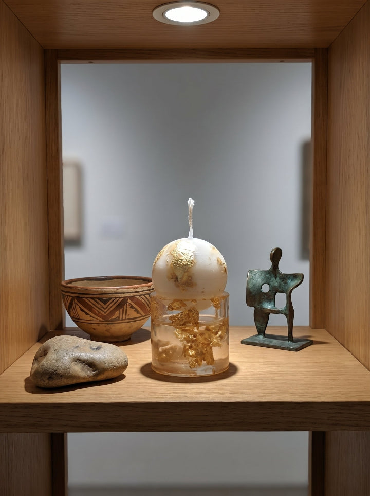 Gilded Relic candle – golden flakes in resin stand with beeswax sphere