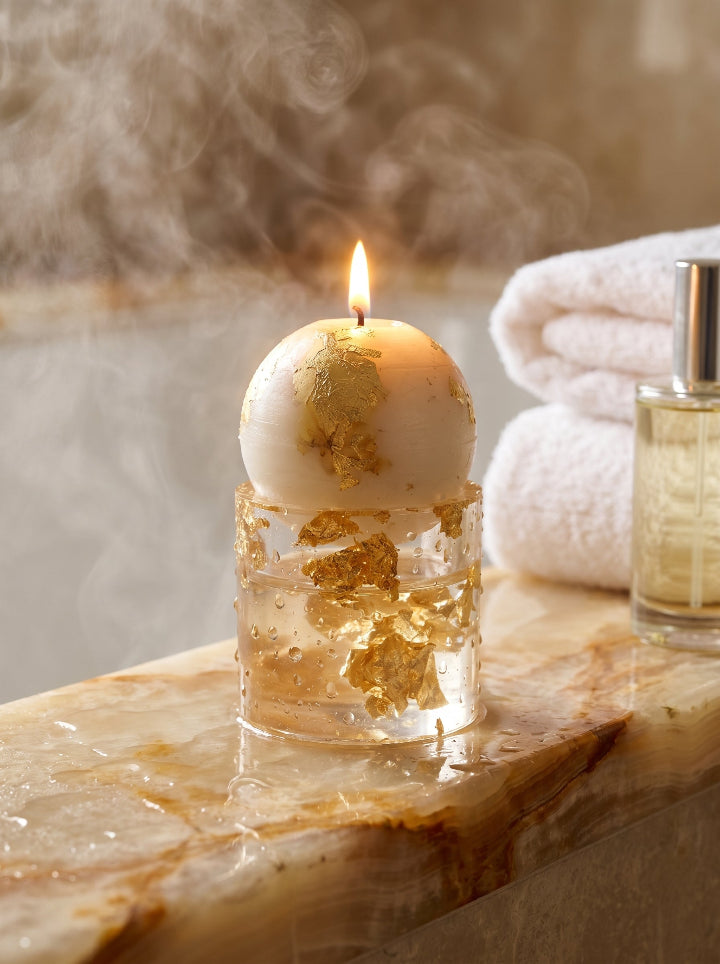 Gilded Relic candle close-up – shining gold resin art stand