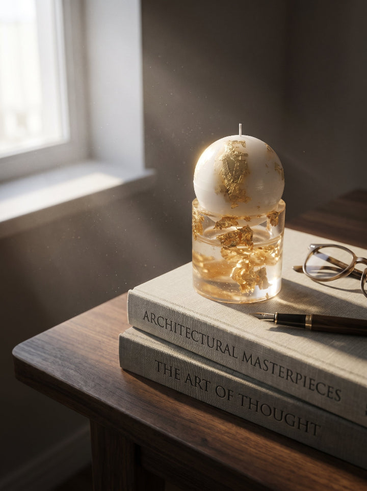 Gilded Relic candle silver edition – beeswax sphere on resin stand
