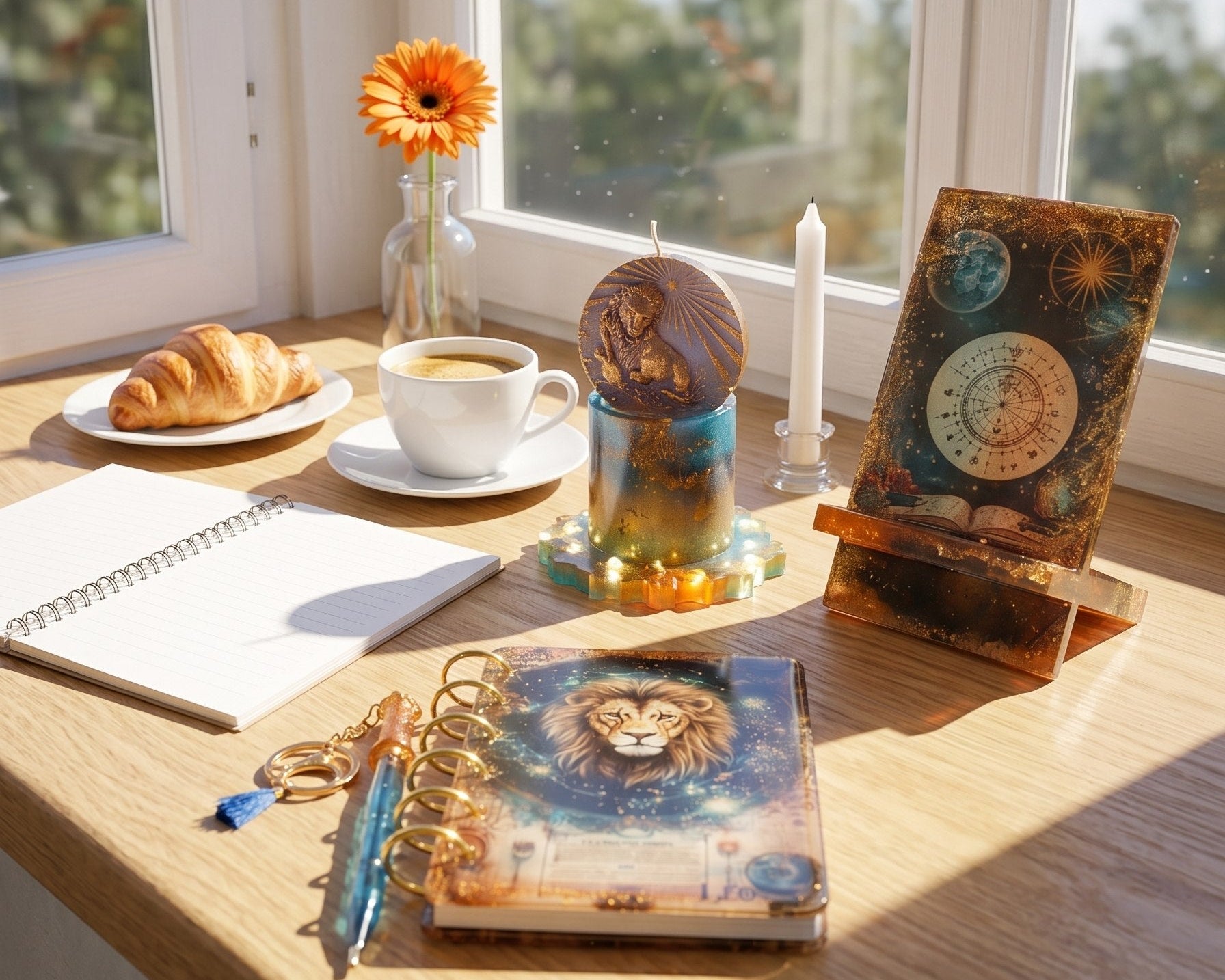 Table with a notebook, coffee, croissant, and decorative items near a window with a view of trees.