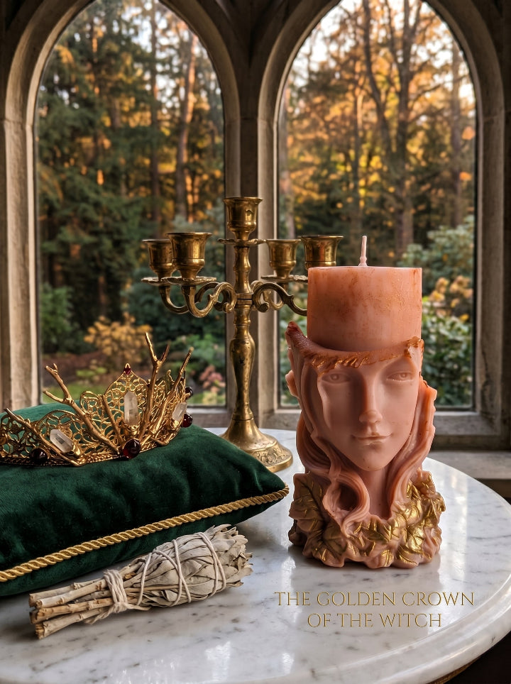 "Hearth Witch" soy beeswax candle, ocean coral with gold-plated finish, front view, ConelAlma ESP