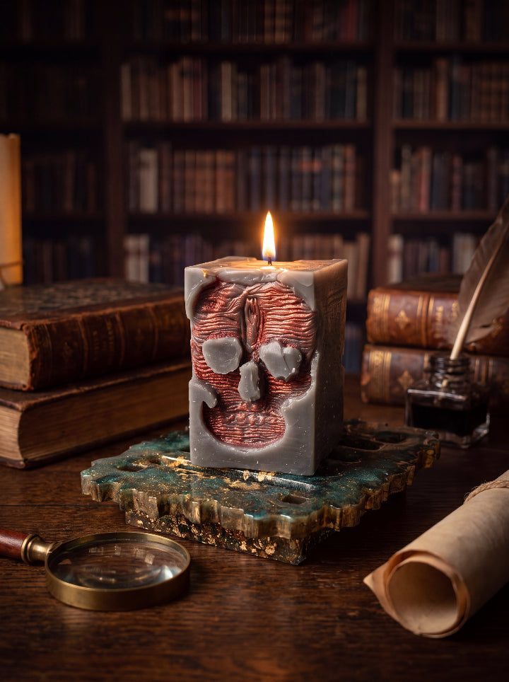 Inner Demon beeswax candle with bronze skull relief on a green and gold resin stand, lit beside antique books on a wooden desk.