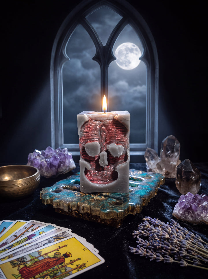 Lit Inner Demon skull candle on a green and gold resin stand, surrounded by crystals and tarot cards beneath a moonlit Gothic window.