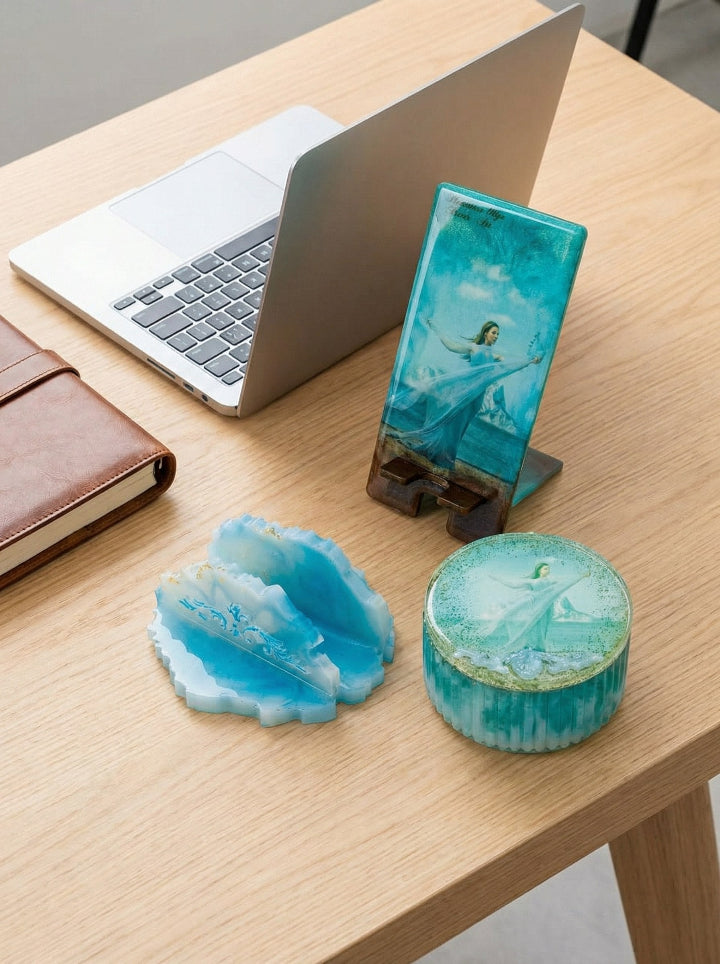 Resin phone stand and card holder with personal photo — artisan desk set gift by ConelAlma ESP