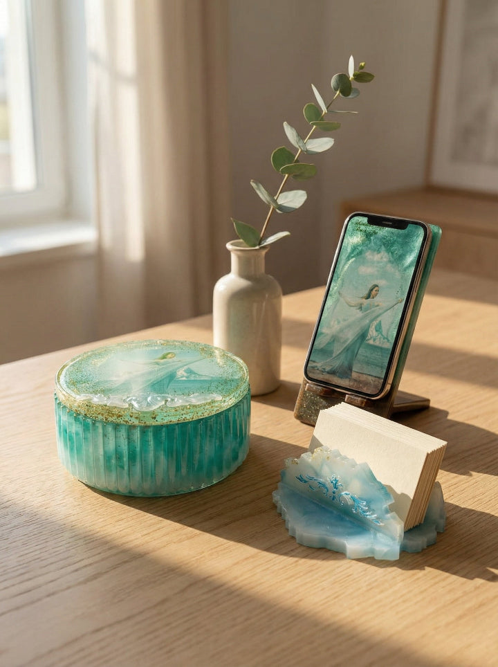 WickToria resin desk set with personal photo — jewellery box, phone stand & card holder by ConelAlma