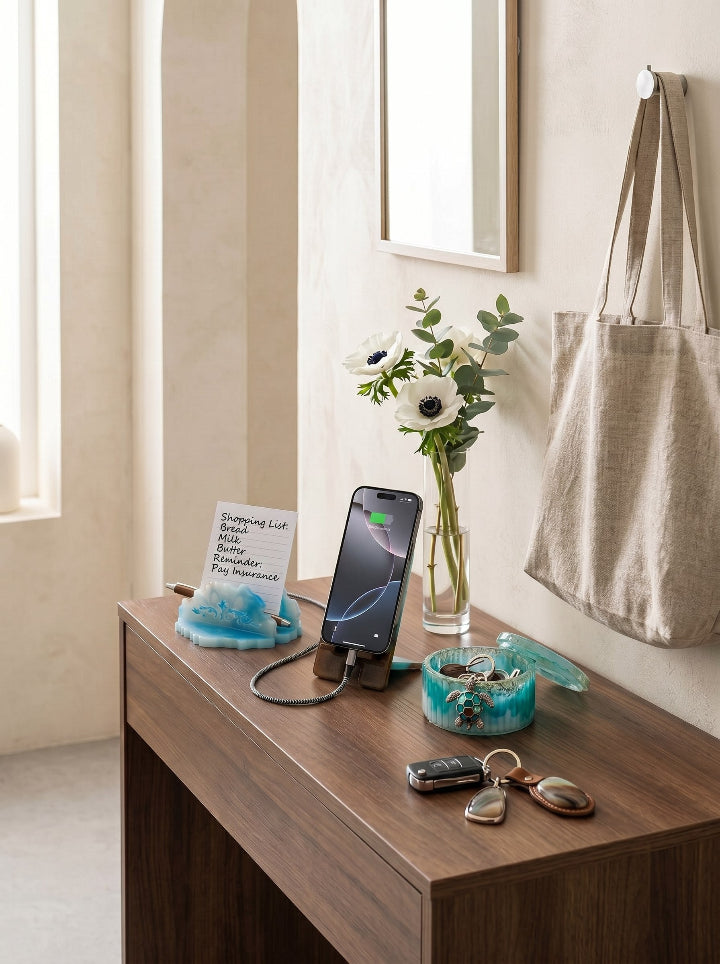 WickToria Inspiration Nook resin art set — lifestyle entryway styling with card holder and jewelry box | ConelAlma ESP