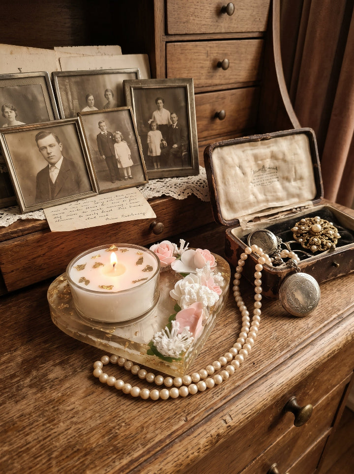 Morada del Alma – lifestyle shot – beeswax candle on resin stand, home decor