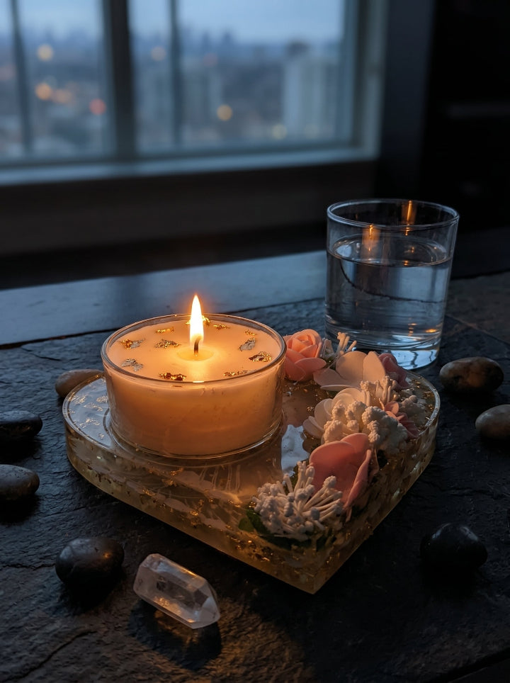 Morada del Alma – candle close-up – decorative heavy resin stand, handcrafted in Spain