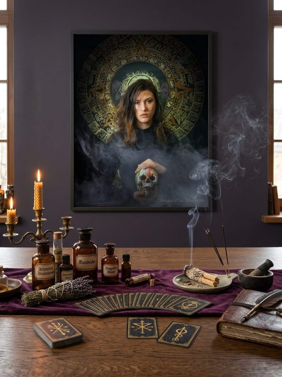 "Roots — Oracle of the Fifth Sun" large-format photographic art print in a luminous seaside room — ConelAlma ESP