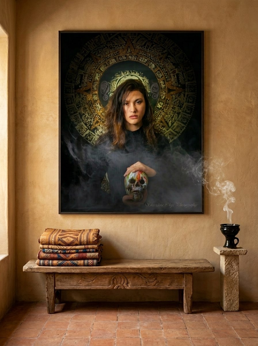 "Roots — Oracle of the Fifth Sun" archival pigment print displayed in a coastal interior with lagoon tones — ConelAlma ESP