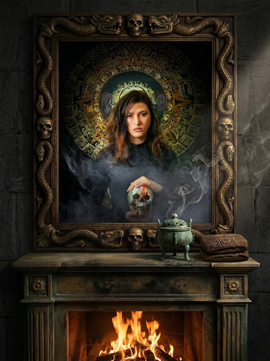"Roots — Oracle of the Fifth Sun" one-of-a-kind archival print in a contemporary coastal living space — ConelAlma ESP