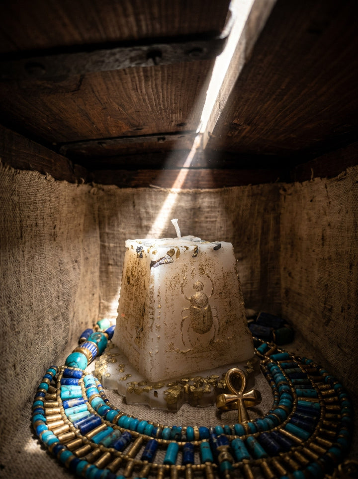 Scarab's Relic handmade beeswax candle on resin stand — angle view | ConelAlma ESP