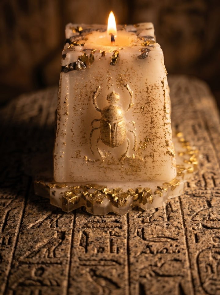 Scarab's Relic beeswax candle on resin stand — detail view | ConelAlma ESP
