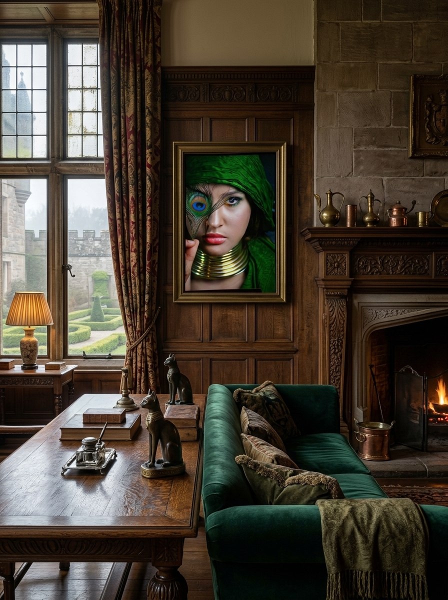"Nefertiti — Emerald Light" statement art print in a moody Scottish interior setting — ConelAlma ESP