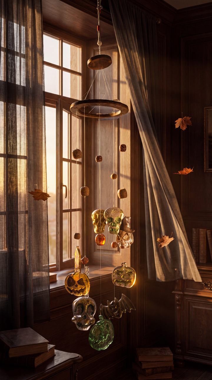 “Whispers of Samhain” resin suncatcher with translucent pumpkin and skull charms, hanging beside a sunlit window.