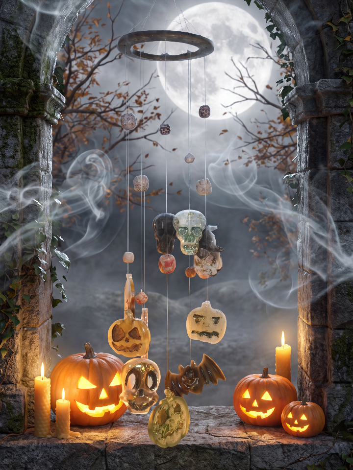 “Whispers of Samhain” resin hanging decoration with pumpkins, skulls and a bat, styled in a moonlit stone archway.