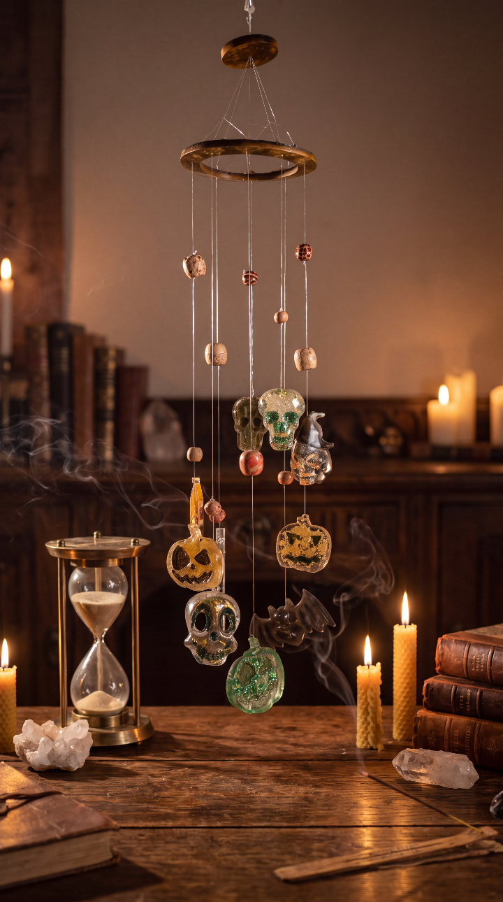 “Whispers of Samhain” cascading resin decoration with beads and Halloween charms, styled above a wooden table with candles.