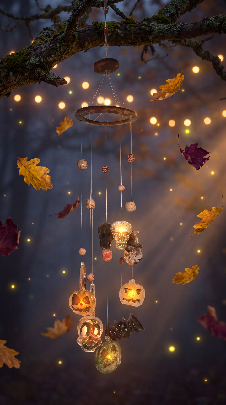 “Whispers of Samhain” resin hanging decoration with amber and green charms, styled beneath a branch with autumn leaves.