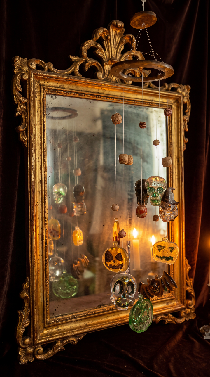 “Whispers of Samhain” resin wind chime with skull, pumpkin and witch’s hat charms, displayed in front of an ornate gold mirror.