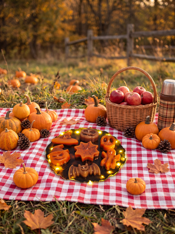Spellbound Halloween candle set on a glowing resin stand on an autumn picnic blanket, surrounded by pumpkins and a basket of apples.