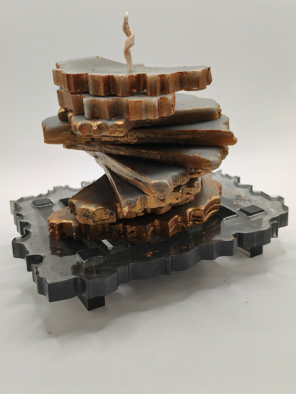 "Kintsugi Tower" handcrafted beeswax candle on resin stand – front view