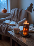 Lit Witch’s Harvest beeswax candle beside an open book and tea in a cosy reading corner.