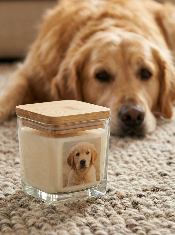 Vignette personalised beeswax candle in glass jar — 2 sides photo, lime scent by ConelAlma