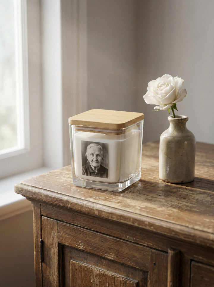 Handcrafted beeswax candle in 9OZ glass jar with bamboo lid — personalised photo gift, Spain