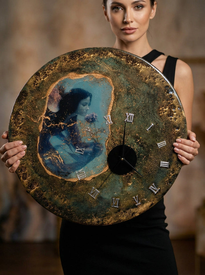 Resin photo clock 50 cm — one-of-a-kind statement piece for home decor, made in Spain