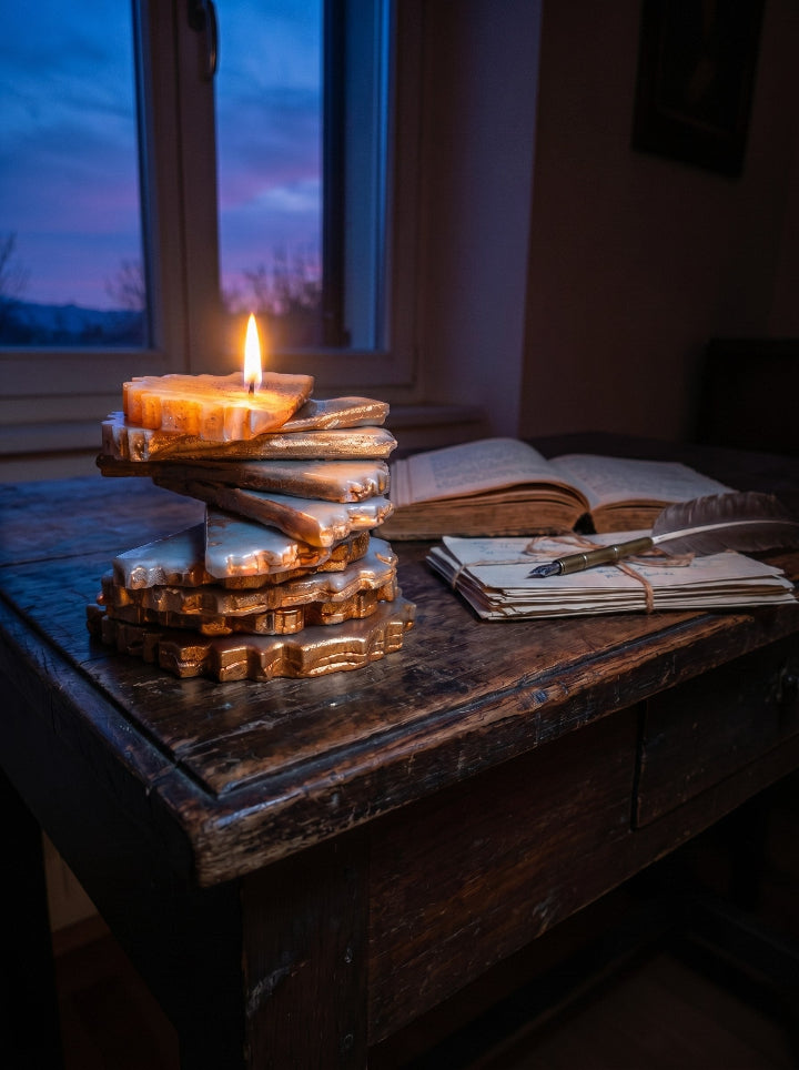 Kintsugi Tower candle – brown and gold beeswax, 190g on resin stand