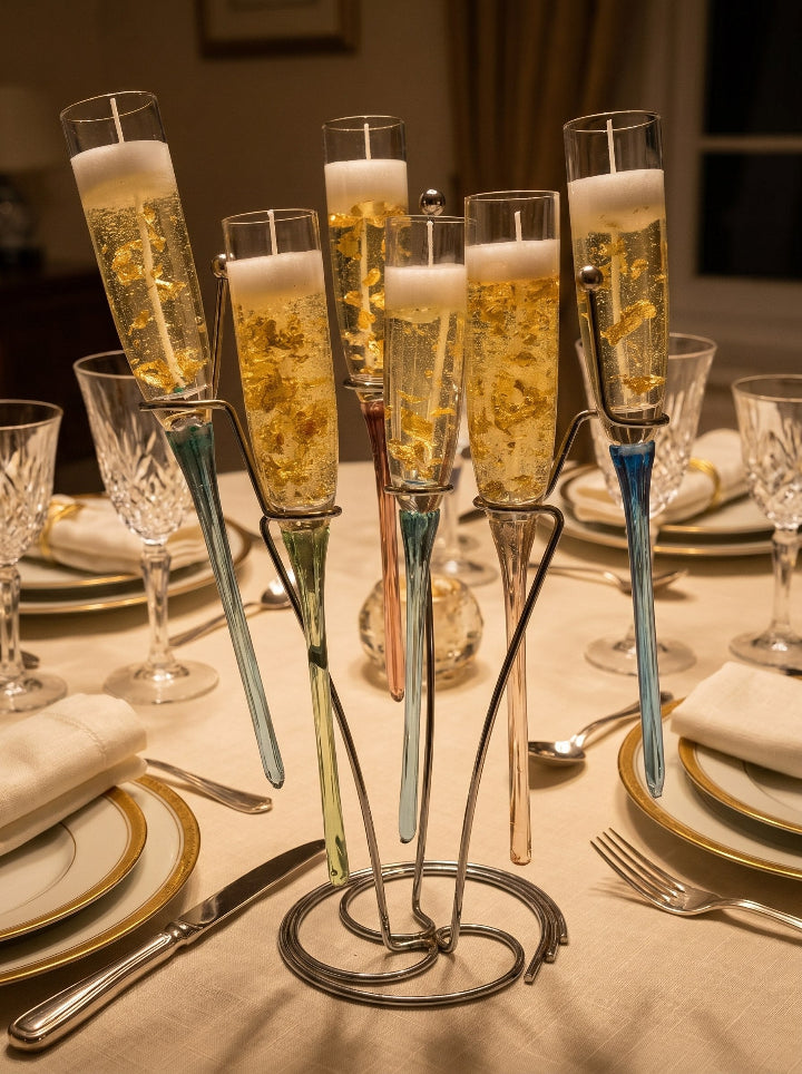 Golden Cuvée candle flute set detail, beeswax and gel-wax, 6 wicks