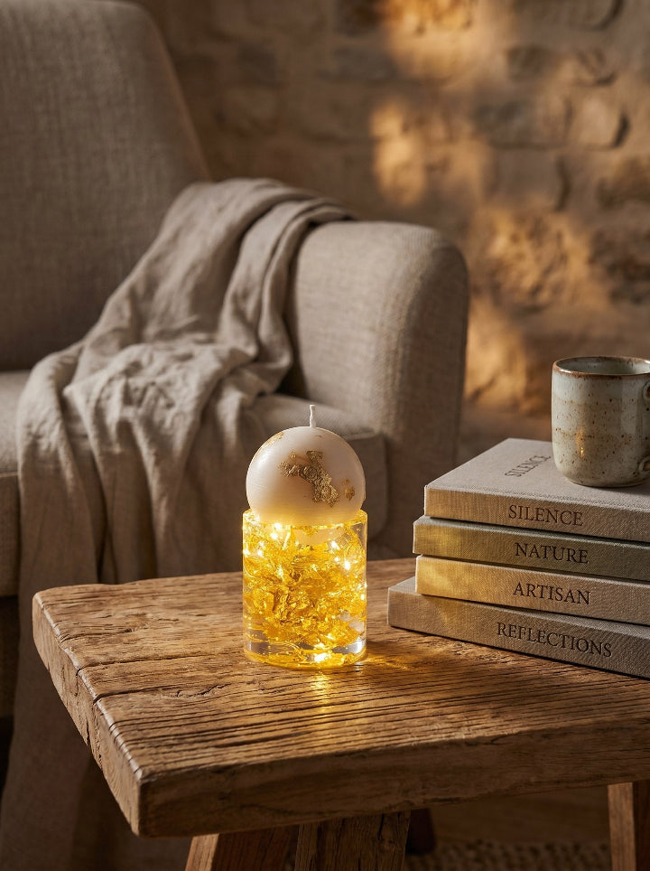 Gilded Relic candle as LED lamp – resin stand glowing after burn