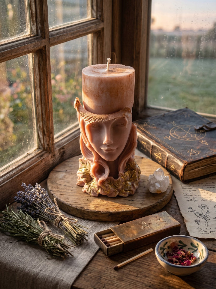"Hearth Witch" handcrafted candle, passion fruit scent, gold plated detail, ConelAlma ESP