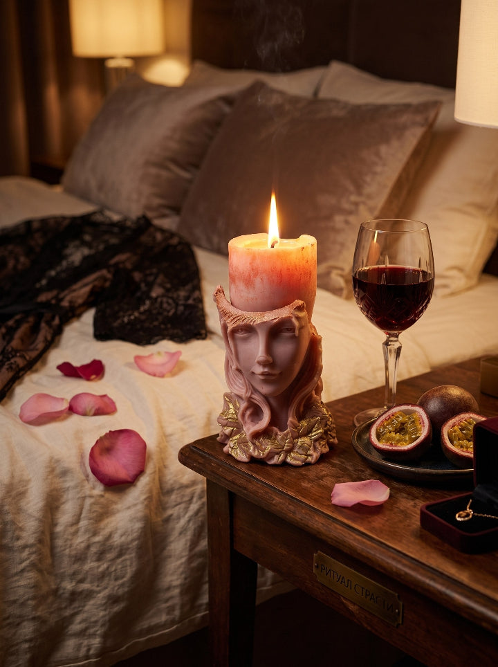 "Hearth Witch" candle side view, gold-plated beeswax pillar, handcrafted in Spain